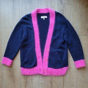Juicy Couture Pink Angora Trim & Navy Knit Button Down Cardigan Sweater